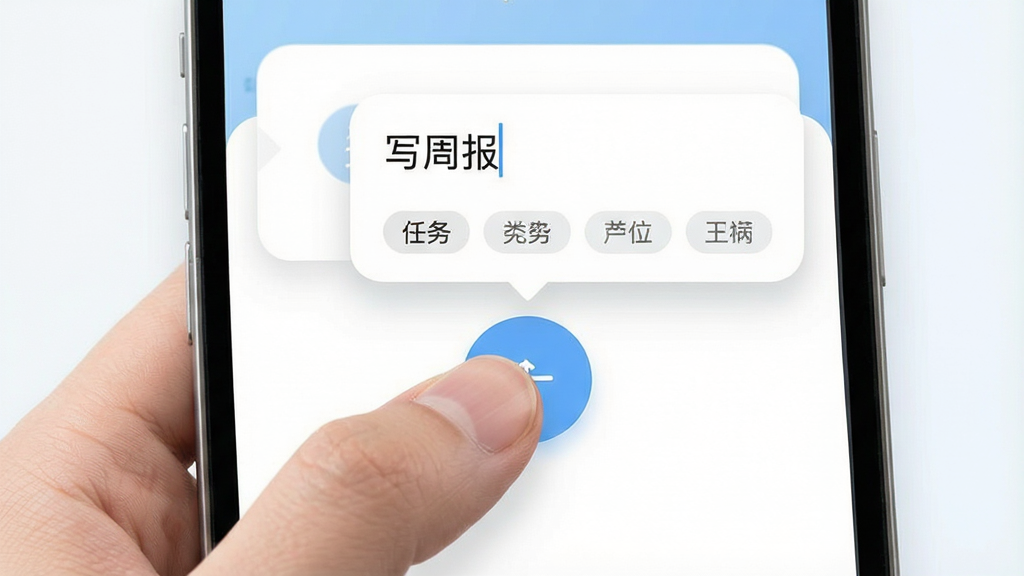 一张展示手机应用快速添加任务界面的图片,画面中一只手的大拇指正点击屏幕上的圆形悬浮按钮,按钮上方弹出任务输入框,输入框内显示