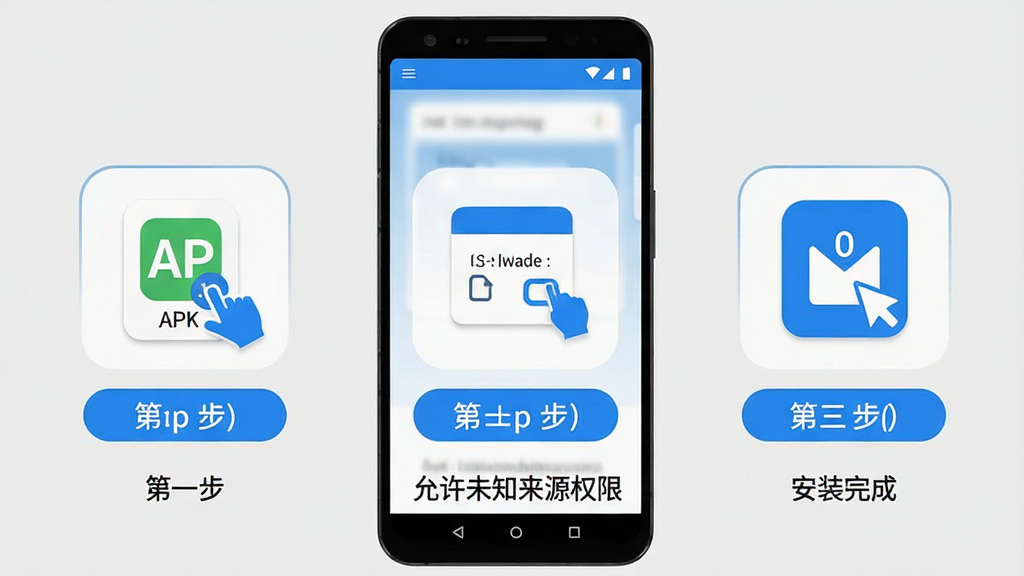 协舞联盟安卓手机安装步骤示意图,画面展示一部安卓手机屏幕,屏幕上依次排列三个操作步骤图标,第一步为点击APK安装包,第二步为允许未知来源权限,第三步为安装完成打开应用,图标下方配有简短文字说明,背景为浅灰色,风格为简洁明了的教程图示,配色以蓝白为主,细节突出手机与安装按钮,画质干净清晰,无多余元素