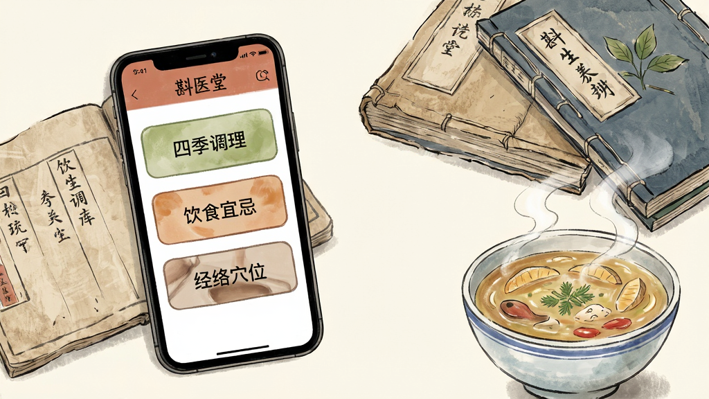 一幅展示斟医堂养生知识库功能的场景插画,画面主体为一部手机,屏幕显示斟医堂应用的知识分类页面,页面上有四季调理、饮食宜忌、经络穴位等标签。手机旁边散落着几本中医古籍和一碗养生汤,背景为淡雅的米白色。布局采用左侧手机右侧配景的排版,风格为清新手绘风,细节包括古籍的书页纹理和汤碗的蒸汽。画质清晰,干净,无多余元素。
