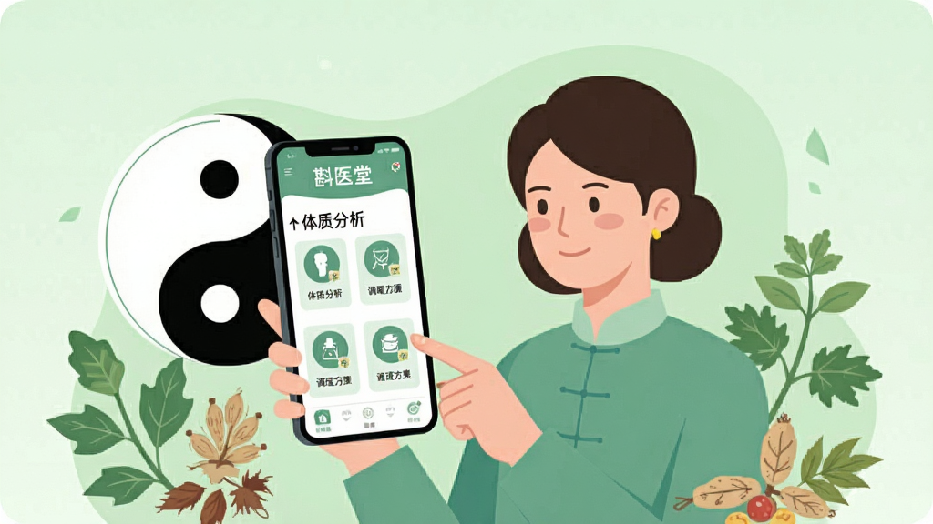 一幅展示斟医堂个性化调理功能的插画,画面中央是一位用户正在使用手机查看调理建议,手机屏幕上显示斟医堂应用的体质分析结果和调理方案。用户身旁有太极图案和草本植物装饰,背景为柔和的浅绿色。布局采用人物居中、元素环绕的构图,风格为现代扁平插画,细节包括手机屏幕上的斟医堂文字和调理方案图标。画质清晰,干净,无多余元素。