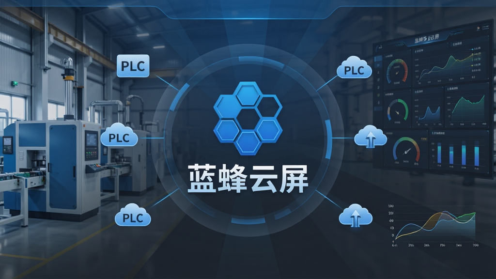 蓝蜂云屏工业物联网组态软件主界面展示,画面中央为蓝色蜂巢形Logo与“蓝蜂云屏”文字,背景为现代化工厂设备与数据仪表盘,布局采用中心辐射式排版,风格为科技蓝与深灰渐变,细节包含PLC图标、数据曲线、云连接符号,画质高清,干净无多余元素