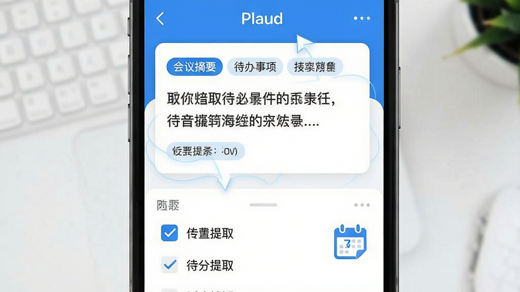 画面展示Plaud应用界面,屏幕上半部分显示一段录音转写后的文字摘要卡片,卡片上有“会议摘要”“待办事项”等标签;下半部分显示勾选列表和日历图标;整体采用清新的蓝白配色,界面布局简洁有序;风格为移动端UI展示图,细节上突出摘要卡片和待办提取的视觉效果;画质清晰,干净,无多余元素。