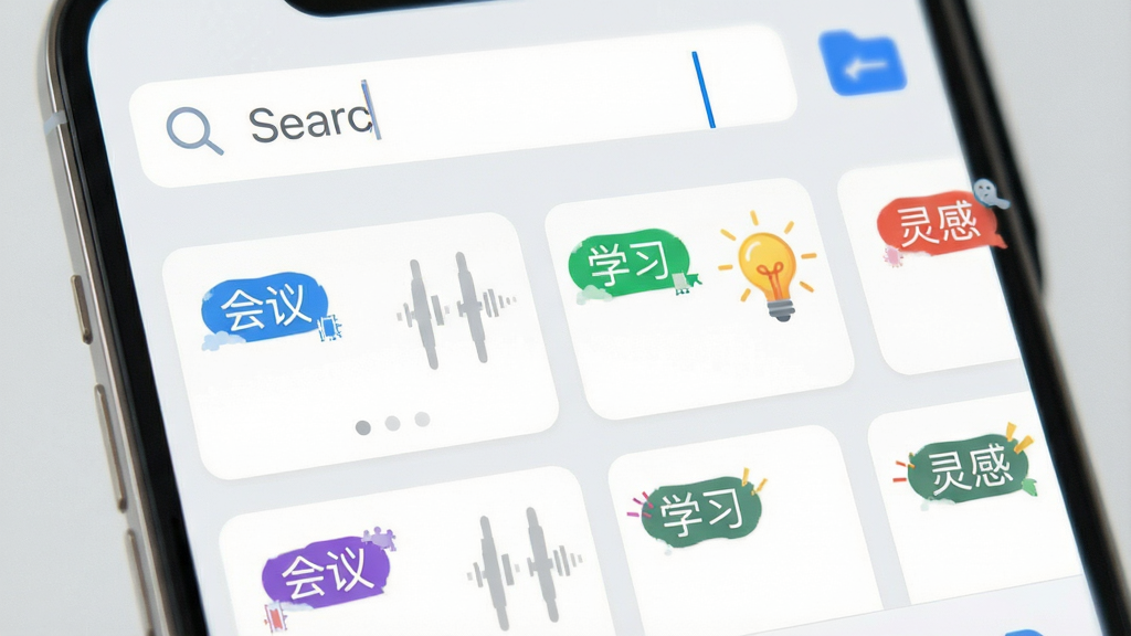 画面展示Plaud应用的文件管理界面,屏幕上排列着多个录音条目卡片,每个卡片上有不同的彩色标签,如“会议”“学习”“灵感”;顶部有搜索框,搜索框内显示放大镜图标和文字输入光标;整体风格为移动端UI截图风格,界面干净整洁,色调以浅灰和蓝色为主;细节上突出标签色彩和搜索功能;画质清晰,干净,无多余元素。
