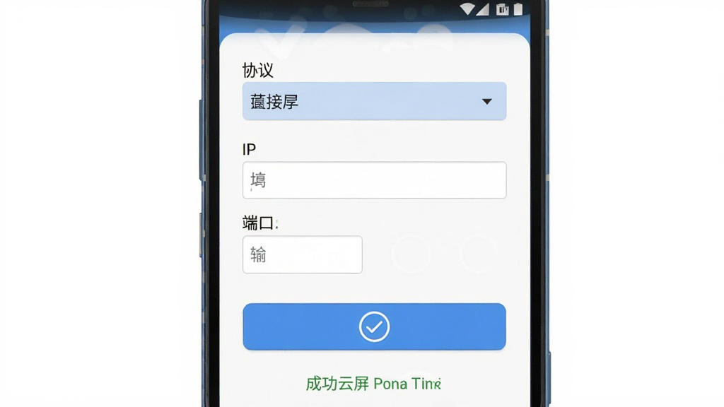 蓝蜂云屏手机端连接PLC操作步骤示意图,主体为安卓手机屏幕显示连接配置界面,布局为从上到下依次为协议选择、IP填写、端口输入、连接按钮,排版清晰引导式,风格为扁平化移动端UI,细节包含下拉菜单、输入框、蓝色连接按钮、成功提示对勾,画质高清,干净无多余元素