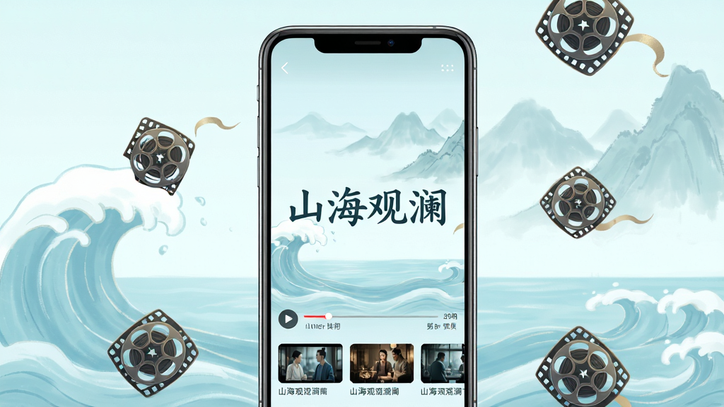 主体为一部竖屏智能手机,屏幕中显示古风山海主题的短剧播放界面,背景为淡蓝色海浪与远山轮廓,布局采用居中构图,手机两侧散落几枚电影胶片图标,排版为竖版海报风格,风格为清新国风插画,细节包括界面上的播放按钮、进度条、剧集缩略图,画质高清,画面干净,无多余元素,图片中央标注文字“山海观澜”