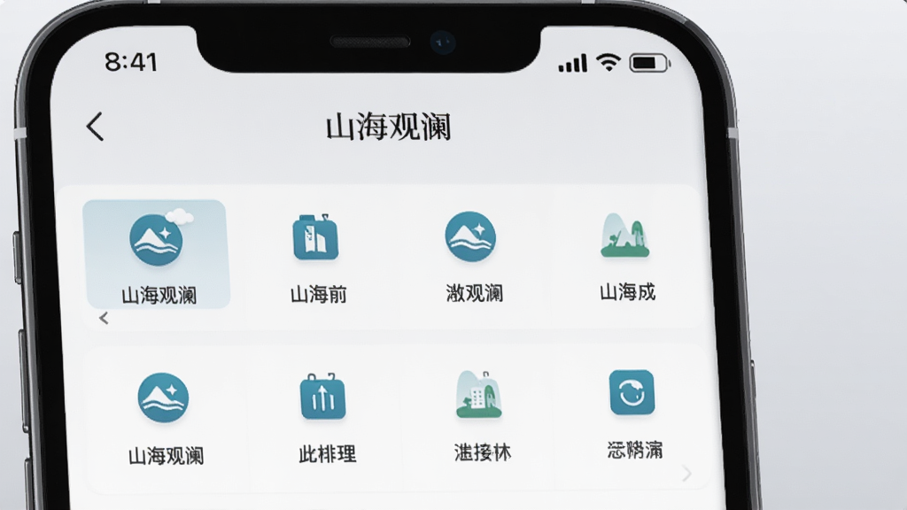 主体为手机屏幕特写,显示山海观澜的分类导航界面,背景为浅灰色渐变,布局为上下结构,排版整齐,风格为扁平化UI展示图,细节包括图标、文字标签、选中状态高亮,画质高清,画面干净,无多余元素,图片中标注“山海观澜”