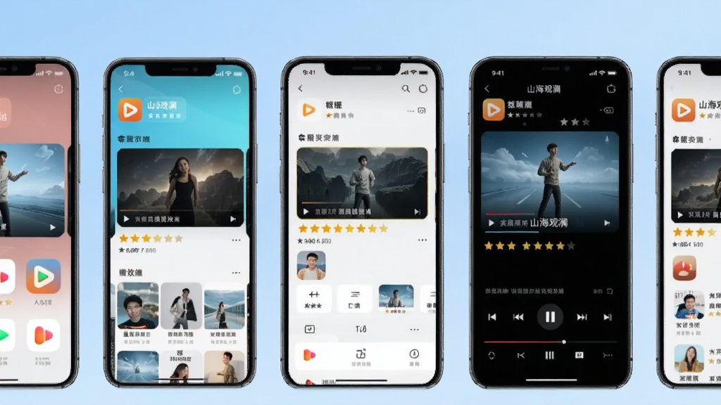 主体为多部手机并排展示不同短剧应用界面,背景为浅蓝色渐变,布局为横向排列,排版整齐,风格为扁平化产品展示图,细节包括各应用图标、播放界面缩略图、评分星标,画质清晰,画面干净,无多余元素,图片中标注“山海观澜”