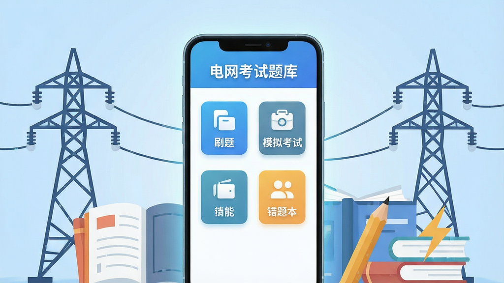 画面中央是一部智能手机,屏幕上显示着“电网考试题库”应用界面,界面中包含刷题、模拟考试、错题本等功能模块的图标,手机周围环绕着电力铁塔、电线、书籍和铅笔等元素,整体布局为竖版海报风格,排版清晰有序,风格为扁平化科技插画风,细节上手机屏幕有微光效果,背景为淡蓝色渐变,画质高清,画面干净,无多余元素