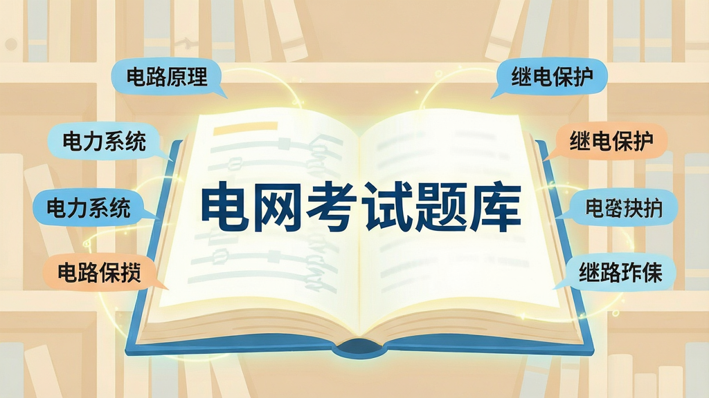 画面主体是一本打开的电子题库书,书页上浮现出“电网考试题库”字样,书页周围有多个知识标签如“电路原理”“电力系统”“继电保护”等,布局为居中构图,排版上文字标签环绕书本,风格为清新教育插画风,细节上书页有发光效果,背景为浅色书架,画质清晰,干净无多余元素