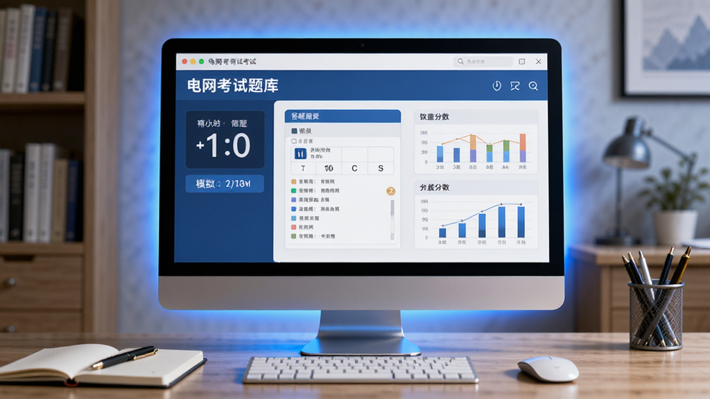 画面中央是一张电脑屏幕,屏幕上显示“电网考试题库”模拟考试界面,包含计时器、答题卡和分数图表,屏幕前方有一张书桌,桌上放着笔记本和笔,布局为横版场景,排版上屏幕居中,风格为写实数字绘画风,细节上屏幕有蓝色光晕,背景为整洁的书房,画质高清,干净无多余元素