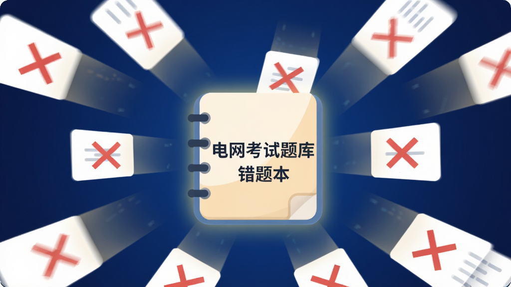 画面中心是一个发光的笔记本图标,上面写着“电网考试题库错题本”,周围有红色叉号标记的题目卡片飞入笔记本中,布局为放射状构图,排版上笔记本居中,风格为扁平化图标设计风,细节上卡片有微光轨迹,背景为深蓝色渐变,画质清晰,干净无多余元素