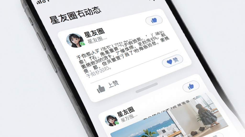 星友圈动态页面展示,手机屏幕内呈现图文动态卡片,卡片上有头像、昵称、文字内容和点赞按钮,背景为浅灰白色,界面排版整齐,风格清爽,画面干净无杂物,高清画质