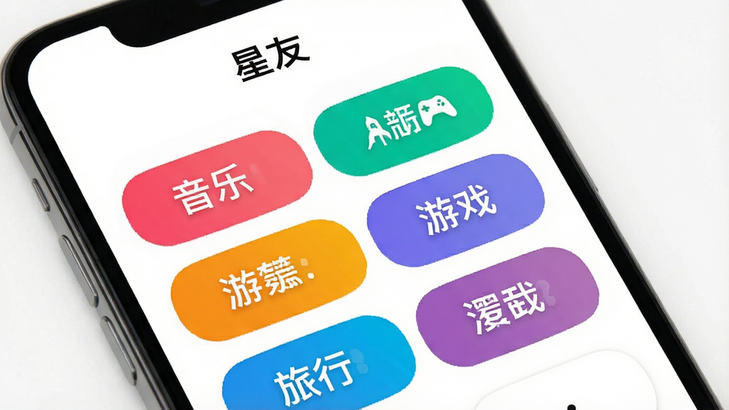 星友兴趣标签选择界面,手机屏幕中显示多个彩色标签按钮,如音乐、旅行、游戏等,顶部有“星友”名称,背景为白色,界面简洁明快,画面干净,高清画质