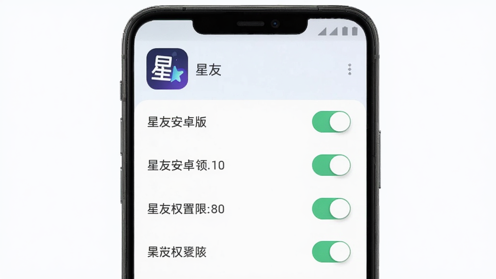 星友安卓版安装权限设置界面示意图,手机屏幕显示权限开关列表,顶部有“星友”应用图标,背景为浅色,画面简洁清晰,风格干净,高清画质,无多余元素