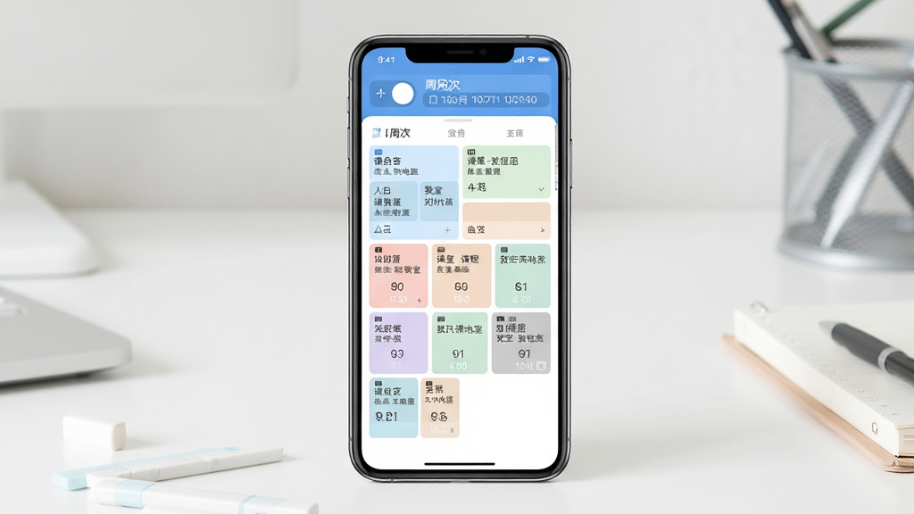 Biubiu课程表软件主界面全貌展示,画面中央放置一部智能手机,屏幕内呈现清新蓝白配色的课程表网格,课程方块色彩柔和,顶部显示周次切换按钮与日期栏,背景为干净的书桌场景,主体清晰,布局居中,排版简洁,风格清新简约,细节包含课程名称、教室地点、时间标注,画质高清,干净无多余元素