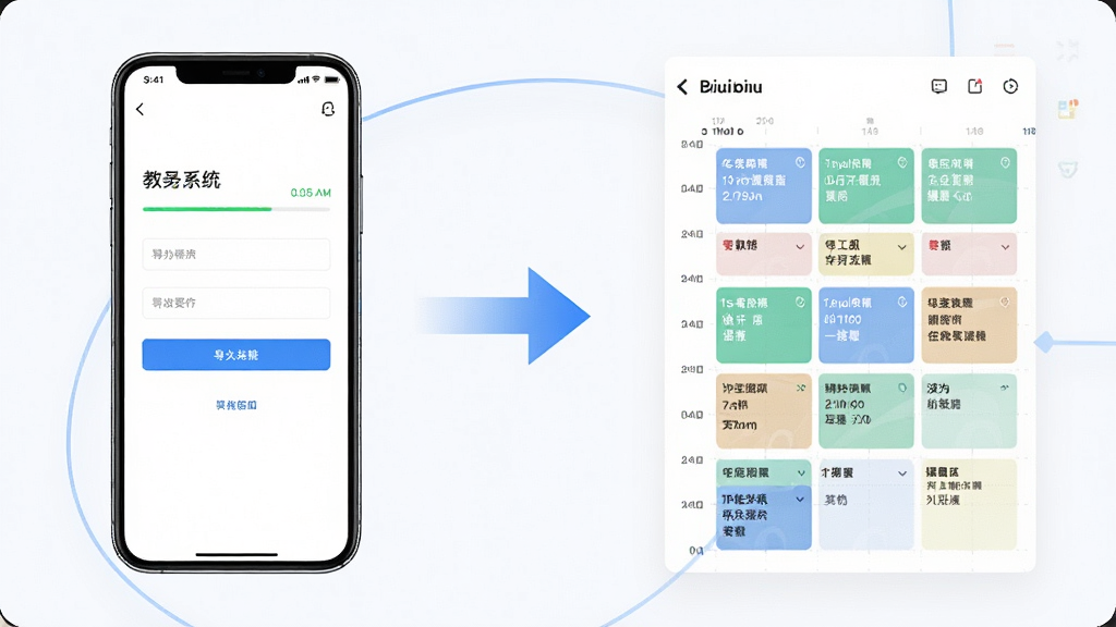 Biubiu课程表智能导入功能展示,画面左侧为手机屏幕显示教务系统登录界面,右侧为自动生成的课程表网格,中间用箭头连接表示导入过程,主体突出手机与课表,布局左右对称,排版清晰,风格科技简约,细节包含导入进度条、课程卡片、时间轴,画质高清,干净无多余元素
