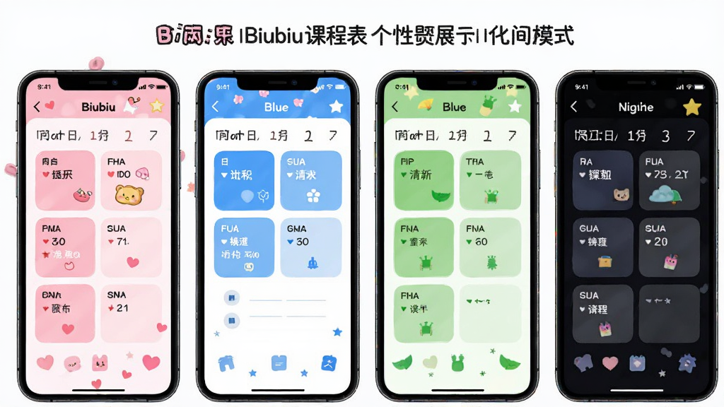 Biubiu课程表个性化主题展示,画面中并排展示四部手机屏幕,分别呈现不同主题风格的课程表界面,包括粉色可爱风、蓝色简约风、绿色清新风、深色夜间模式,主体为多部手机,布局横向排列,排版整齐,风格多样统一,细节包含课程方块、日期栏、装饰元素,画质高清,干净无多余元素