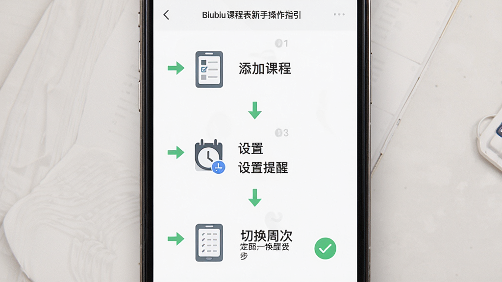 Biubiu课程表新手操作指引界面,画面展示一部手机屏幕,屏幕内显示分步操作图示,包括添加课程、设置提醒、切换周次三个步骤,每步配有简洁图标与文字说明,主体为手机与操作步骤,布局纵向排列,排版清晰,风格扁平化设计,细节包含箭头指引、步骤编号、完成打勾标记,画质高清,干净无多余元素