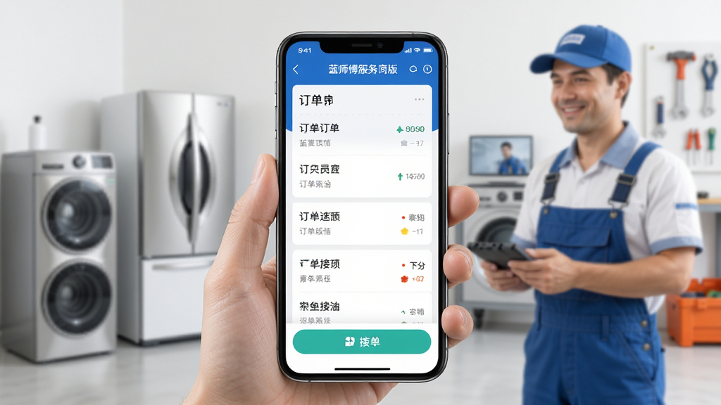 手机屏幕中显示蓝师傅服务商版APP主界面,界面中央有醒目的订单列表和接单按钮,背景是整洁的家电维修工作场景,色彩明亮,风格写实,细节清晰,画质干净,无多余元素