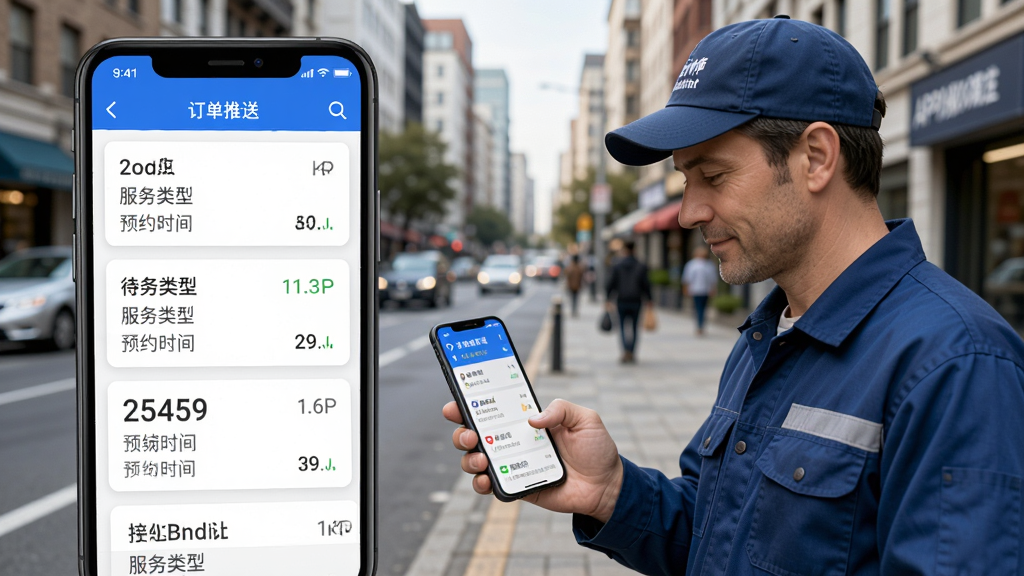蓝师傅服务商版APP订单推送界面,手机屏幕显示多个待接订单卡片,包含距离、服务类型、预约时间等信息,一位穿着工装的师傅正在查看手机,背景是城市街道,风格写实,画质清晰,干净无多余元素
