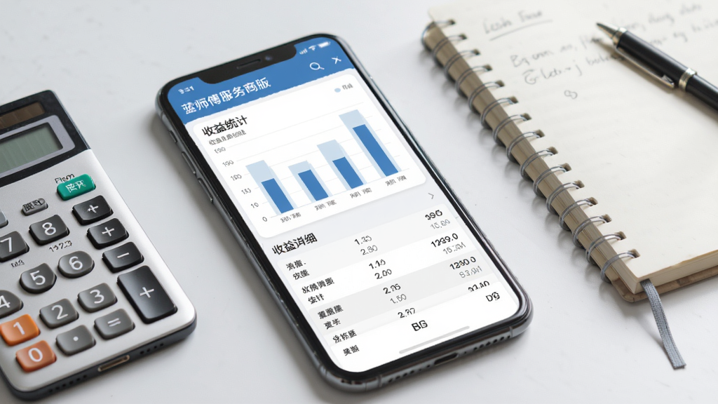蓝师傅服务商版收益统计页面,手机屏幕显示柱状图和收益明细列表,旁边有计算器和笔记本,风格商务简洁,色彩柔和,画质干净,无多余元素