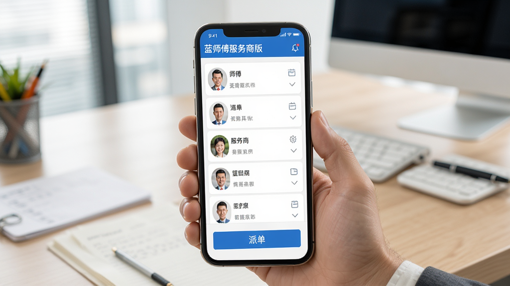 蓝师傅服务商版团队管理界面,手机屏幕显示师傅列表和派单按钮,背景是办公室桌面,风格商务简约,色彩明亮,画质干净,无多余元素