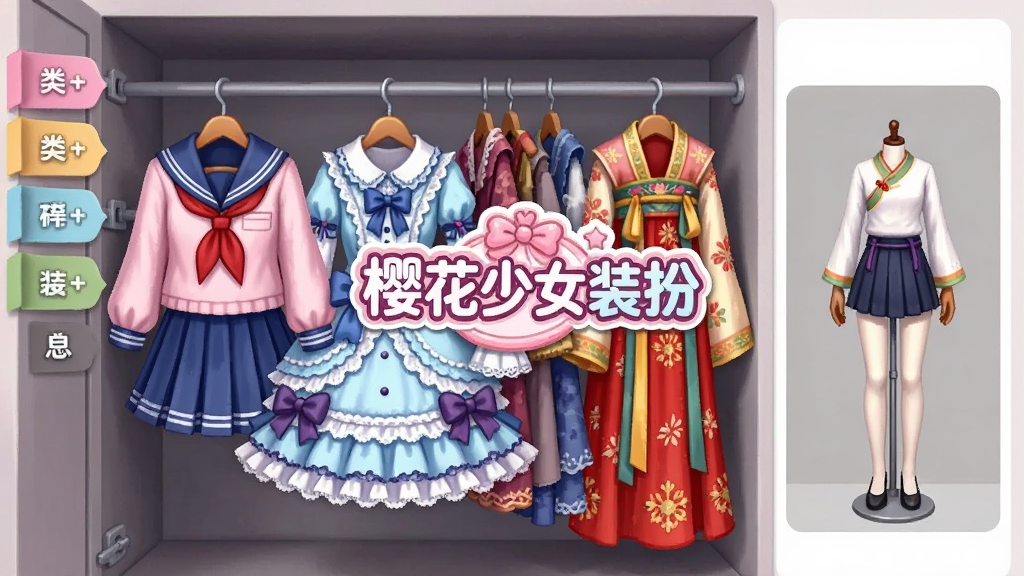 一个打开的虚拟衣柜界面插画,画面中央是“樱花少女装扮”的LOGO,衣柜里挂满了各式各样的二次元服装,有粉色水手服、蓝色洛丽塔裙、红色汉服等,左侧有分类标签,右侧是模特的试穿预览区。布局采用左右分栏,风格为明亮可爱的卡通风格,细节上衣服的材质和花纹清晰可见,画质高清,画面干净整洁。