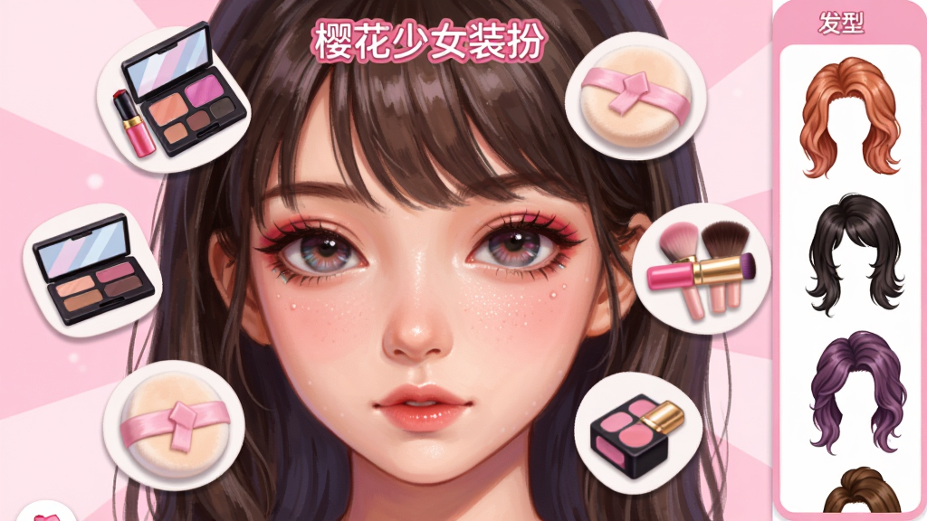 一个美容化妆界面的特写插画,画面中央是“樱花少女装扮”游戏中的少女面部特写,周围漂浮着各种化妆工具图标,如口红、眼影盘、粉扑等,右侧是发型选择栏,展示着不同颜色和款式的发型。布局采用中心辐射状,风格为精致唯美的少女漫风格,细节上少女的肌肤质感细腻,妆容色彩鲜艳,画质高清,画面干净。
