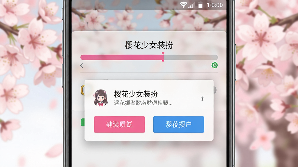一幅手机屏幕截图风格的插画,画面展示了一个安卓手机界面,屏幕上显示“樱花少女装扮”的安装进度条和权限请求弹窗,背景是模糊的樱花图案。布局为手机正面特写,风格为写实UI风格,细节上进度条为粉色,弹窗按钮清晰,画质高清,画面干净,无多余文字。