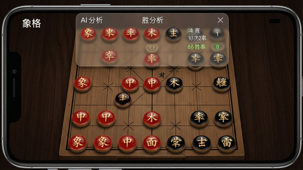 一张展示“象格”象棋AI辅助软件核心界面的手机应用截图,画面中央是标准中国象棋棋盘,棋盘上摆放着红黑两方棋子,棋盘上方悬浮着半透明的AI分析面板,面板中显示推荐走法与胜率数值,整体采用深色木质纹理背景,棋盘线条清晰,棋子圆润有光泽,界面干净整洁,手机外框为现代全面屏样式,画质高清,无多余元素