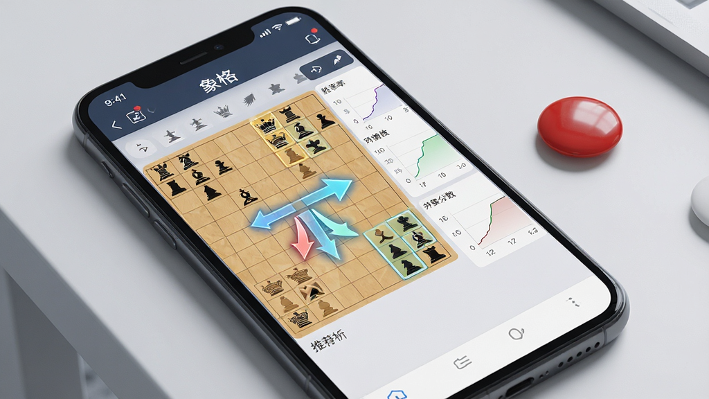 画面主体是一部智能手机,屏幕上显示“象格”软件的棋盘分析界面,棋盘中央用高亮箭头标出推荐走法,侧边栏显示胜率曲线与分数评估,背景为简洁的浅灰色桌面,手机旁摆放着一枚红色棋子作为装饰,整体风格现代科技感,排版清晰,细节精致,画质干净,无多余元素
