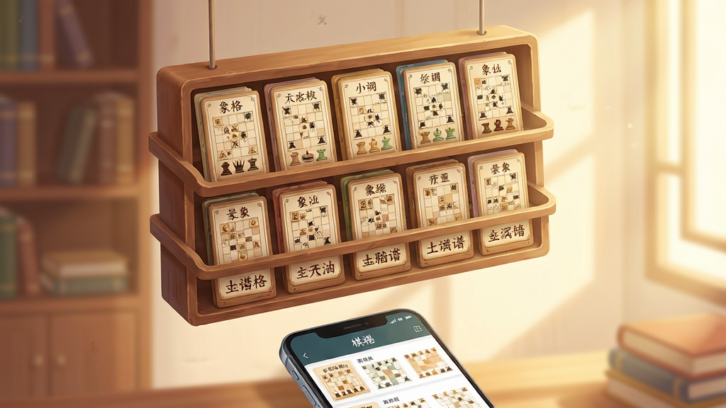 一幅展示“象格”棋谱库界面的数字插画,画面主体为悬浮在空中的多层书架,书架上整齐排列着标注有象棋开局名称的棋谱卡片,下方是一部手机展示着棋谱列表,背景是柔和的书房光影,风格温暖明亮,排版错落有致,细节丰富,画质高清,无多余元素