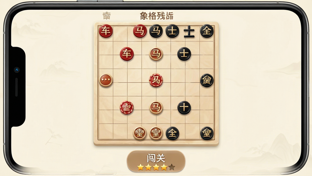 一张“象格”残局挑战界面的手机截图,屏幕中央是精简后的象棋残局盘面,红方仅剩车马炮,黑方士象全,界面下方显示“闯关”按钮和星级评价,背景为淡雅的米白色,棋盘线条柔和,棋子立体感强,整体排版清爽,画质细腻,无多余元素