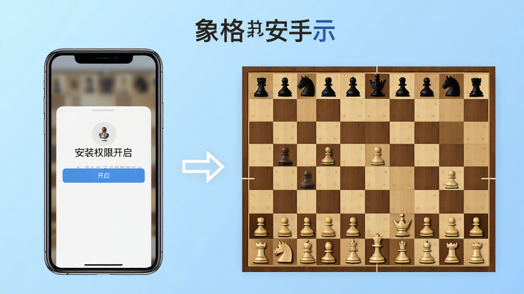 一幅“象格”新手操作示意图,画面左侧是一部手机展示安装权限开启界面,右侧是棋盘横屏显示效果,中间用箭头连接,背景为浅蓝色渐变,风格简洁明快,排版清晰,细节到位,画质干净,无多余元素