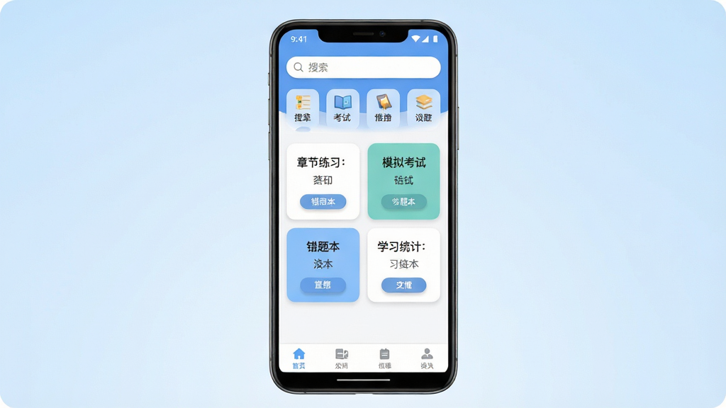 教师资格职称考试软件主界面全貌展示,画面中央是一部竖屏安卓手机,手机屏幕内显示软件首页,顶部有搜索框与考试分类入口,中部排列着章节练习、模拟考试、错题本、学习统计四个功能卡片,底部为导航栏,背景为浅蓝色渐变,整体布局干净整洁,风格为现代扁平化UI设计,细节上按钮带有轻微圆角与柔和阴影,画质清晰,干净,无多余元素