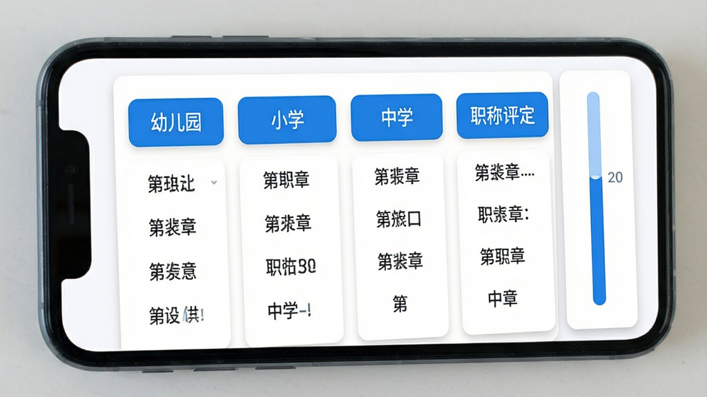 教师资格职称考试题库分类页面展示,手机屏幕内呈现幼儿园、小学、中学、职称评定四个大分类按钮,每个分类下方展开若干章节条目,页面右侧有进度条,背景为白色卡片式布局,风格简约清新,细节上文字层级分明,配色以蓝白为主,画质清晰,干净,无多余元素