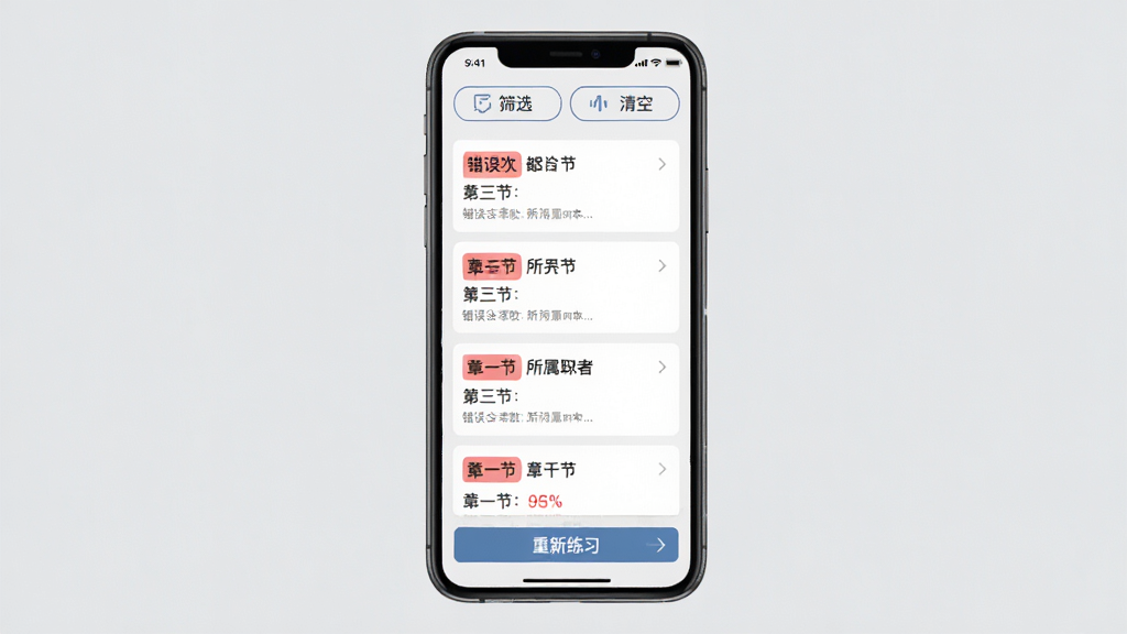 教师资格职称考试错题本功能界面展示,手机屏幕内显示错题列表,每道题目标注错误次数与所属章节,顶部有筛选与清空按钮,底部有重新练习入口,背景为浅灰色,风格为清爽极简设计,细节上红色标注错误次数,整体排版整齐,画质清晰,干净,无多余元素