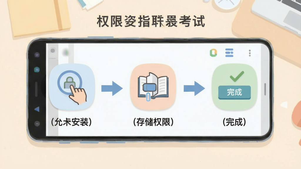 教师资格职称考试安卓手机安装与权限设置操作指引图,画面中展示一部安卓手机,屏幕上依次排列三个操作步骤图标,第一步点击允许安装,第二步勾选存储权限,第三步点击完成按钮,背景为浅色桌面,风格为扁平化教程插画,细节上箭头引导清晰,配色柔和,画质清晰,干净,无多余元素