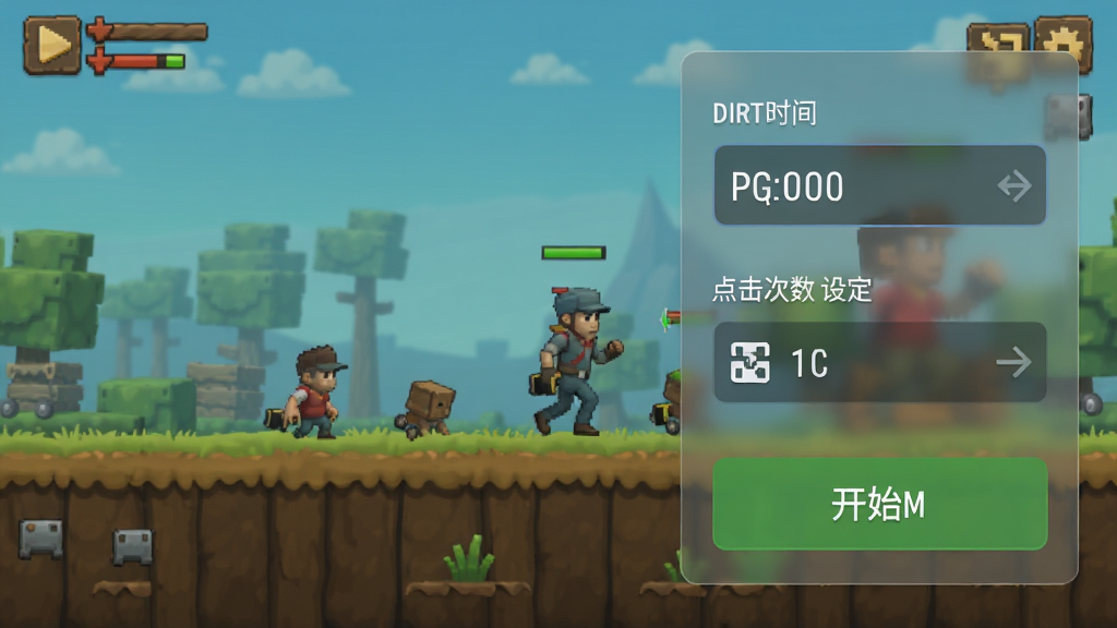 手机屏幕截图展示dirtclicker点击器的悬浮窗展开状态,悬浮面板位于屏幕右侧,面板上有间隔时间输入框、点击次数设定和开始按钮,背景是一个正在运行的游戏画面,布局为悬浮窗叠加在应用之上,风格为现代UI设计,细节包括半透明面板和清晰的按钮图标,画质高清,画面干净,无多余元素