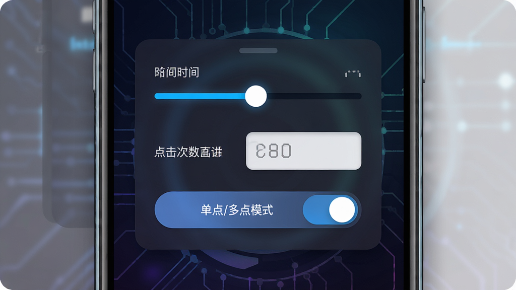 一张手机界面示意图,画面中央是dirtclicker点击器的参数设置面板,面板上有间隔时间滑块、点击次数数字输入框和单点/多点模式切换按钮,背景为深色科技感渐变,布局为居中卡片式设计,风格为现代扁平化UI,细节包括滑块的高亮轨道和按钮的圆角造型,画质高清,画面干净,无多余元素