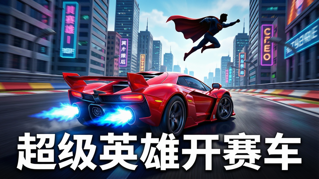 一幅手机游戏宣传图,画面中央是一辆造型炫酷的红色超级英雄赛车正在城市赛道上高速漂移,车尾喷出蓝色火焰,赛道两旁有摩天大楼和霓虹灯牌,天空中有一个身穿披风的超级英雄剪影正在飞跃,画面下方用白色粗体字写着“超级英雄开赛车”,整体风格为3D写实竞速风,色彩饱和度高,光影对比强烈,画质清晰,干净,无多余元素