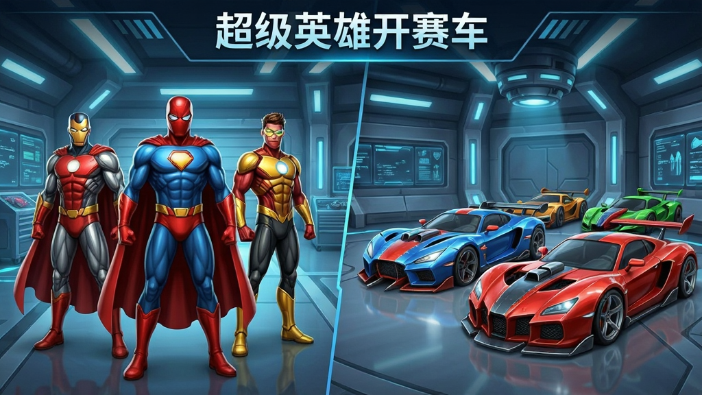一张游戏角色选择界面的截图风格图片,画面分为左右两部分,左侧展示三位不同造型的超级英雄站立姿态,右侧展示三辆对应的改装赛车,背景是充满科技感的虚拟车库,界面顶部有“超级英雄开赛车”字样,风格为科幻UI设计,细节丰富,画质清晰,干净,无多余元素