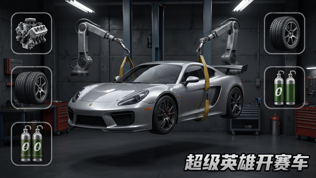 一张赛车改装界面的图片,画面中一辆银色跑车被机械臂悬吊在车间中央,周围环绕着引擎、轮胎、氮气瓶等改装零件图标,背景是深灰色工业风车间,画面右下角有“超级英雄开赛车”文字标识,风格为写实机械风,光影细腻,画质清晰,干净,无多余元素