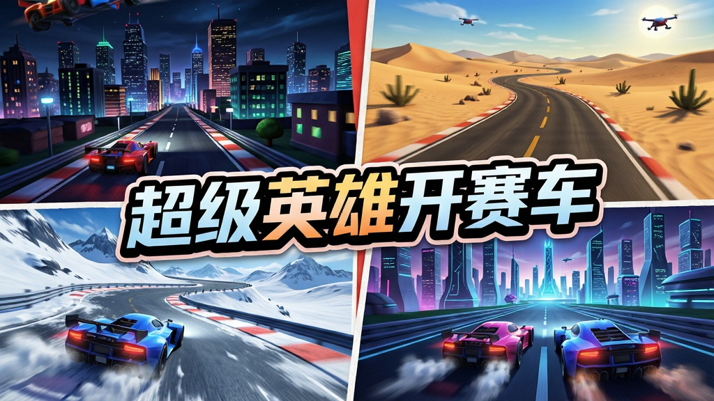 一张游戏赛道展示图,画面同时呈现四条不同场景的赛道缩略图,分别是城市夜景、沙漠公路、雪山弯道和未来科技城,每条赛道上有赛车飞驰,画面中央有“超级英雄开赛车”艺术字标题,风格为拼贴海报风,色彩鲜明,画质清晰,干净,无多余元素
