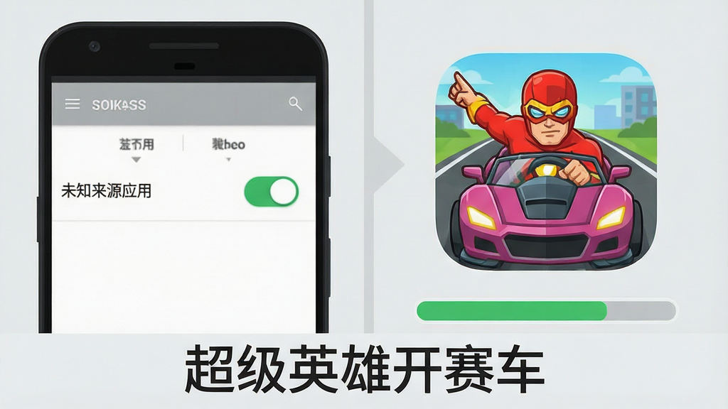 一张手机游戏安装教程示意图,画面左侧展示安卓手机设置界面中“未知来源应用”开关被打开的特写,右侧展示超级英雄开赛车的游戏图标和安装进度条,背景为浅灰色,画面底部有“超级英雄开赛车”文字,风格为扁平化教程插图,简洁明了,画质清晰,干净,无多余元素