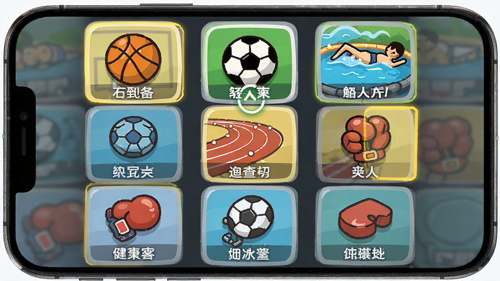 双人体育游戏项目选择界面,画面中一部竖屏手机,屏幕内以网格形式排列多个运动图标,包括篮球、足球、泳池、跑道、拳击手套等,布局为三行三列,风格为卡通图标风,细节包括每个图标下方的项目名称标签与选中高亮效果,画质高清,干净,无多余元素