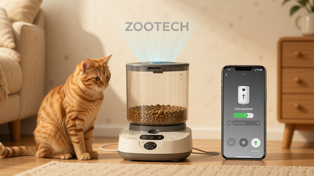 一只橘猫坐在智能喂食器旁,喂食器上方悬浮着