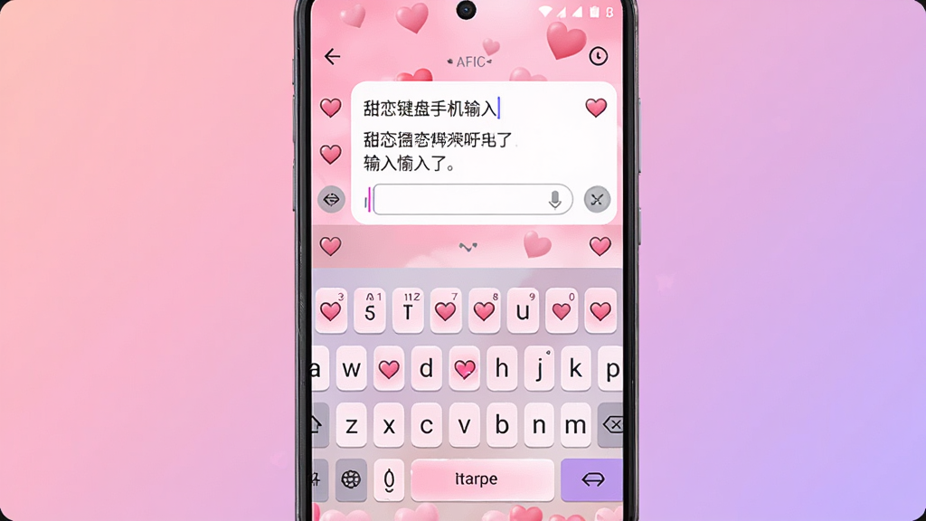 一张展示甜恋键盘手机输入法界面的预览图,画面中央是一部竖屏安卓手机,屏幕上显示粉色浪漫主题的键盘布局,按键带有爱心图案和柔和渐变色彩,输入框内显示甜蜜情话文字,背景为柔和的粉紫色渐变,整体风格温馨甜美,细节清晰,画质干净,无多余元素
