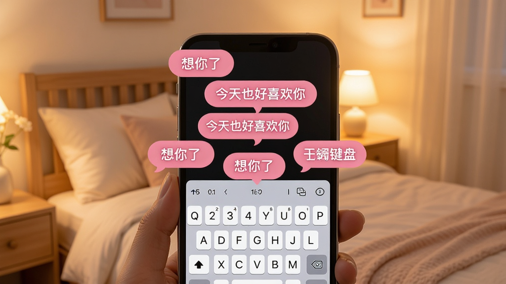 一个展示甜恋键盘词库功能的场景图,画面中一部手机屏幕显示键盘上方浮现出多条粉色气泡状的情话候选词,如“想你了”“今天也好喜欢你”等,背景是温馨的卧室环境,柔和暖光,风格甜美清新,细节丰富,画质干净,无多余元素