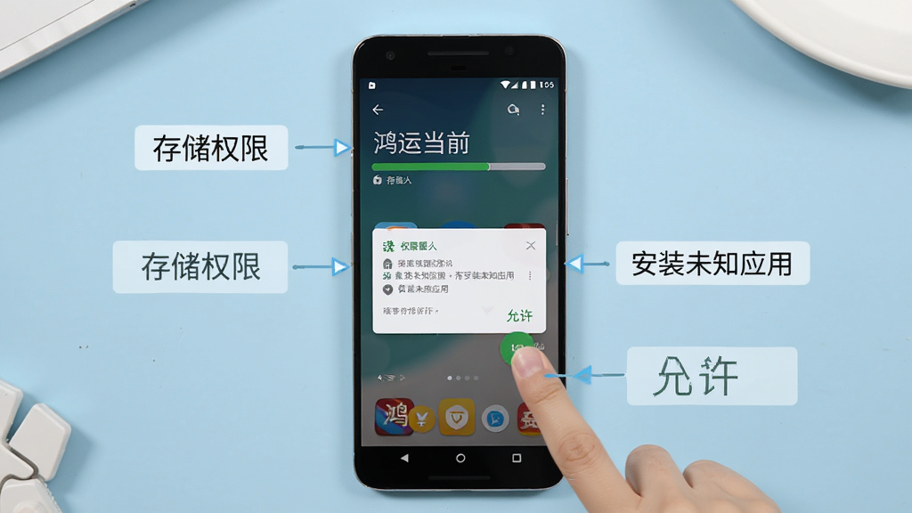 画面展示一部安卓手机正在安装“鸿运当前”应用,手机屏幕显示安装进度条和权限请求弹窗,旁边有手指点击“允许”按钮的动作示意,背景为浅蓝色桌面,画面中标注有“存储权限”“安装未知应用”等文字标签,布局为手机居中,风格为操作指引图,细节清晰,画质干净,无多余元素